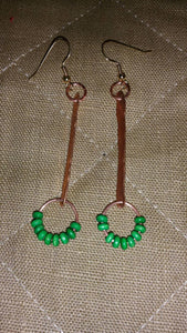 Copper Earrings with Wooden Green Beads