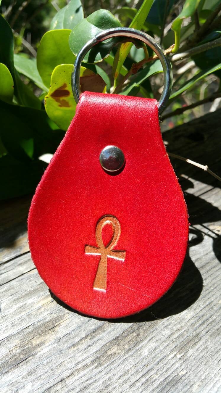 Red Leather Ankh Keychain