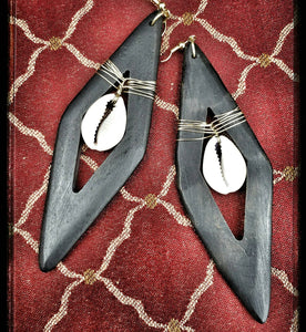 Wood, Brass and Cowrie Shell Earrings