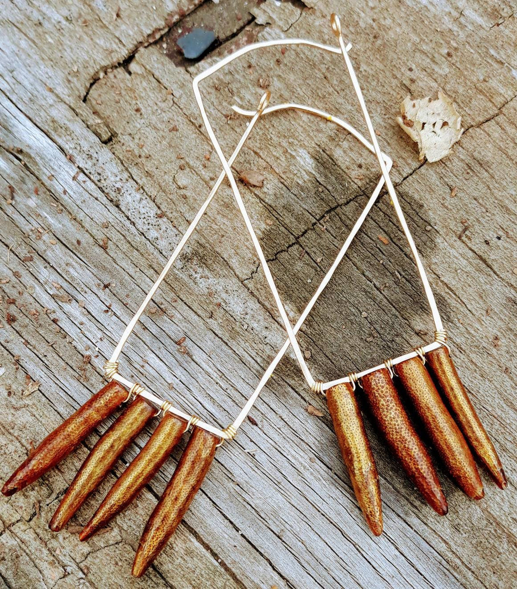 Hammered Brass and Gold Bamboo Coral Earrings